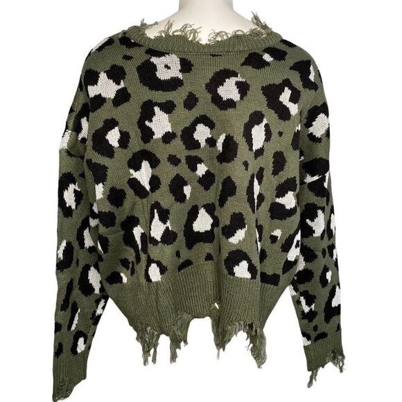 Polly & Esther Sweater Top Women's LARGE Green Black Destructed Cropped Frayed - Picture 2 of 12
